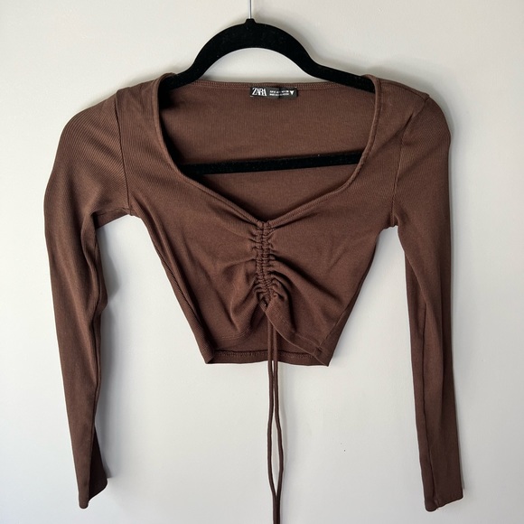 Zara Tops - ZARA Brown Long Sleeve Ruched Crop Top
